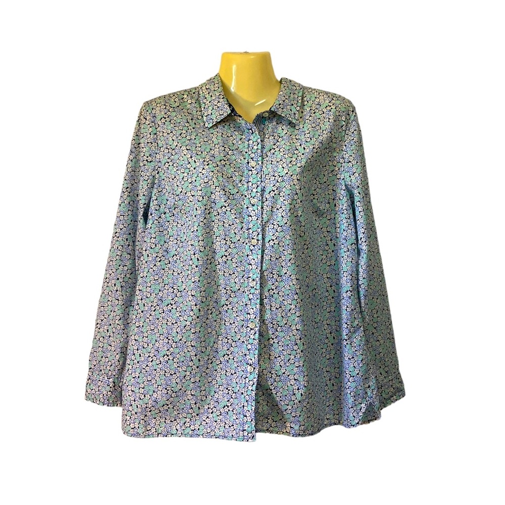 Talbots Floral Button Front Shirt Contrasting Print Cuff Cottagecore Lrg Petite